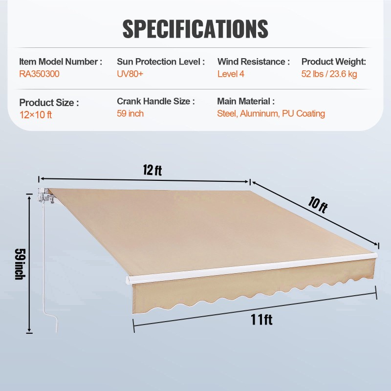 Manuaalinen sisäänvedettävä terassimarkiisi 12×10 jalkaa 280 gramman polyesterikangas polyuretaanipinnoite