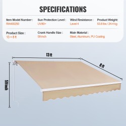 Manuaalinen sisäänvedettävä terassikatos 13 x 8 jalkaa 280 g polyesterikangas teräs-alumiinirunko kampikahva