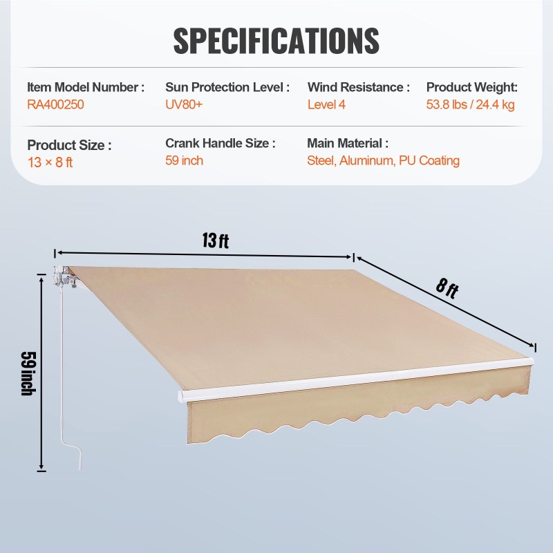 Manuaalinen sisäänvedettävä terassikatos 13 x 8 jalkaa 280 g polyesterikangas teräs-alumiinirunko kampikahva