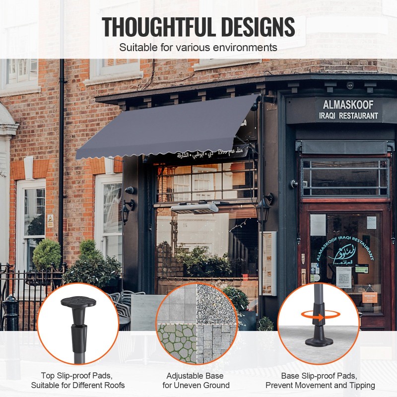 Säädettävä terassimarkiisi teräsrunko 400 x 120 cm korkeus 218–310 cm kampikahva tummanharmaa