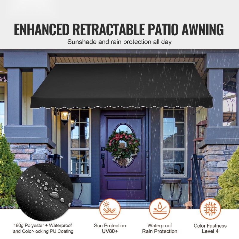 Säädettävä terassimarkiisi teräsrunko 350 x 120 cm PU-pinnoitettu UV-suojattu musta