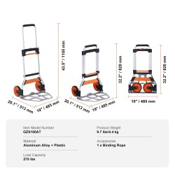 Nokkakärry kokoontaittuva alumiiniseosrunko 124,7 kilogramman kantavuus teleskooppikahva kumipintaiset pyörät