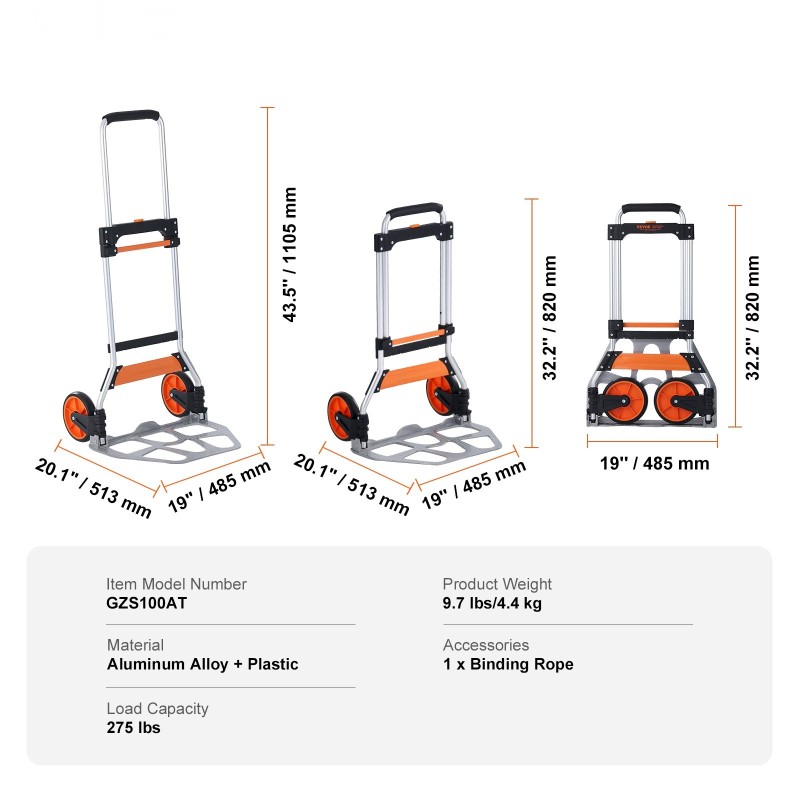 Nokkakärry kokoontaittuva alumiiniseosrunko 124,7 kilogramman kantavuus teleskooppikahva kumipintaiset pyörät