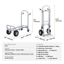 Käsikärry taittuva kaksitoiminen ja tasokärry alumiini- ja hiiliteräsrunko 454 kg kantavuus