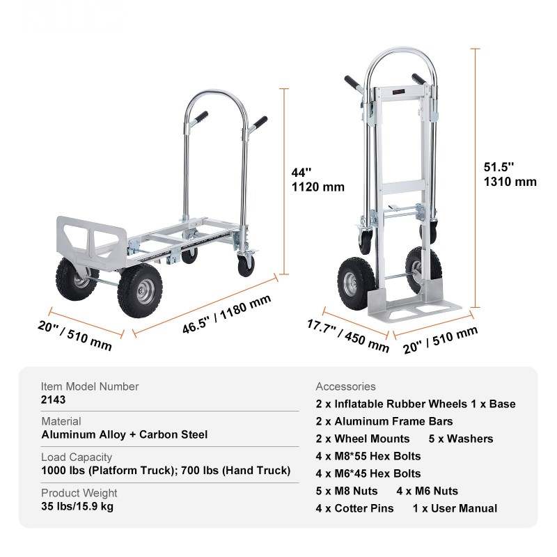 Käsikärry taittuva kaksitoiminen ja tasokärry alumiini- ja hiiliteräsrunko 454 kg kantavuus