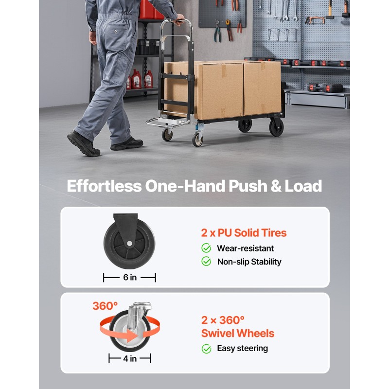 Taittuva nokkakärry seosterästä 2- ja 4-pyöräinen 226,9 kg kantavuus säädettävä kahva