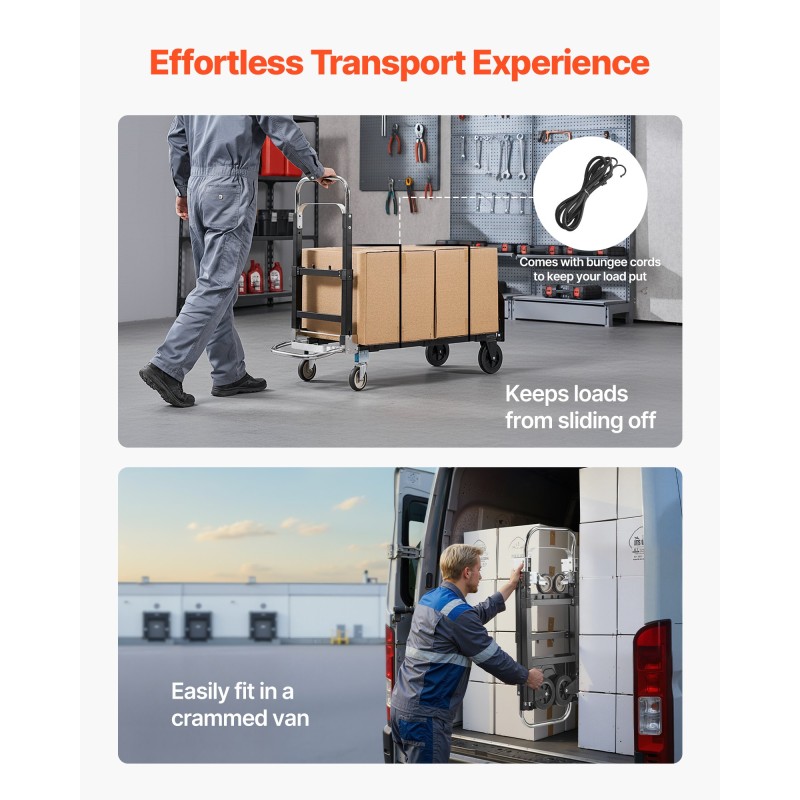 Taittuva nokkakärry seosterästä 2- ja 4-pyöräinen 226,9 kg kantavuus säädettävä kahva