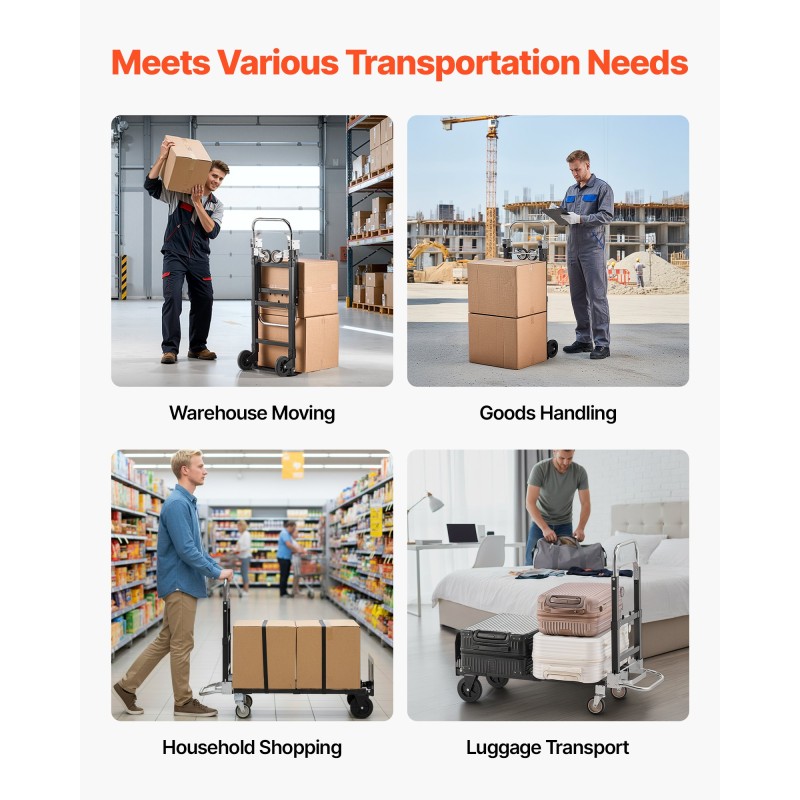 Taittuva nokkakärry seosterästä 2- ja 4-pyöräinen 226,9 kg kantavuus säädettävä kahva