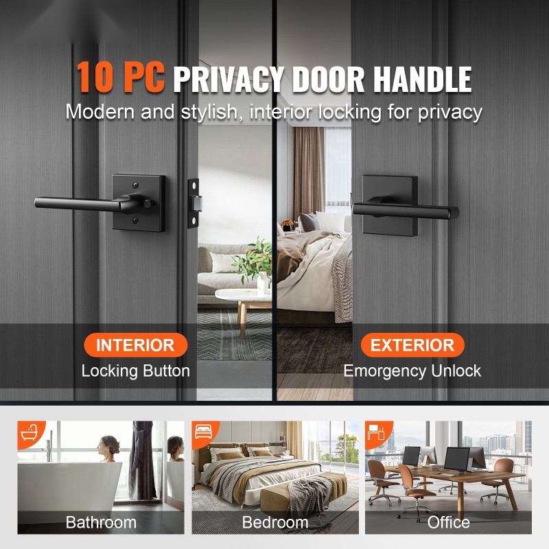 Sisäoven painikesetti 10 kpl sinkkiseos mattamusta yksityislukolla käännettävä 45 asteen