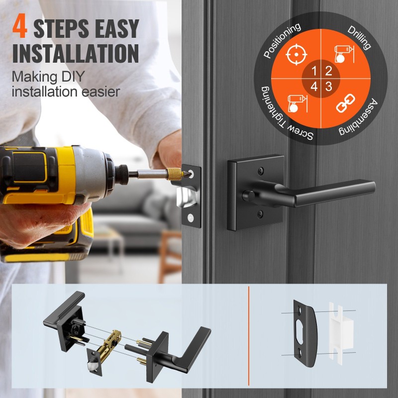 Sisäoven painikesetti 10 kpl sinkkiseos mattamusta yksityislukolla käännettävä 45 asteen