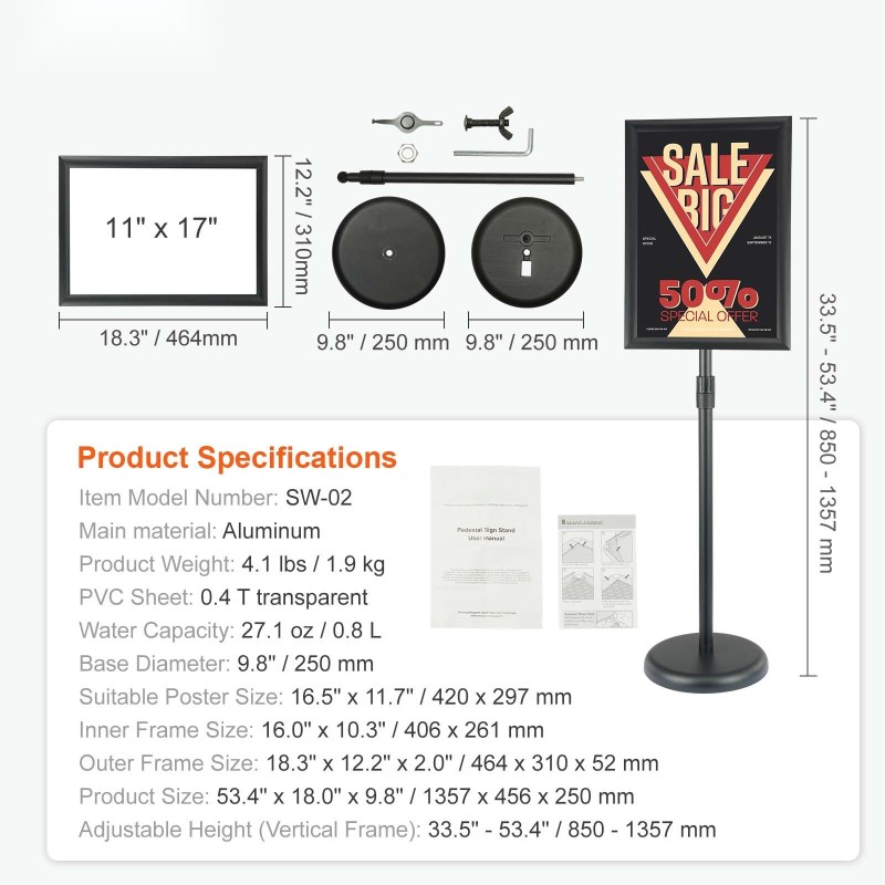 Julisteteline alumiinirunko 11 x 17 tuuman julisteille säädettävä korkeus vesitäytettävä jalusta musta
