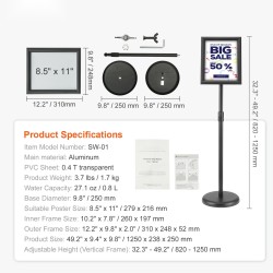Jalallinen kyltinpidike alumiinirungolla 8,5×11 tuuman julisteille korkeussäädöllä vesitäytettävällä jalustalla kääntyvällä