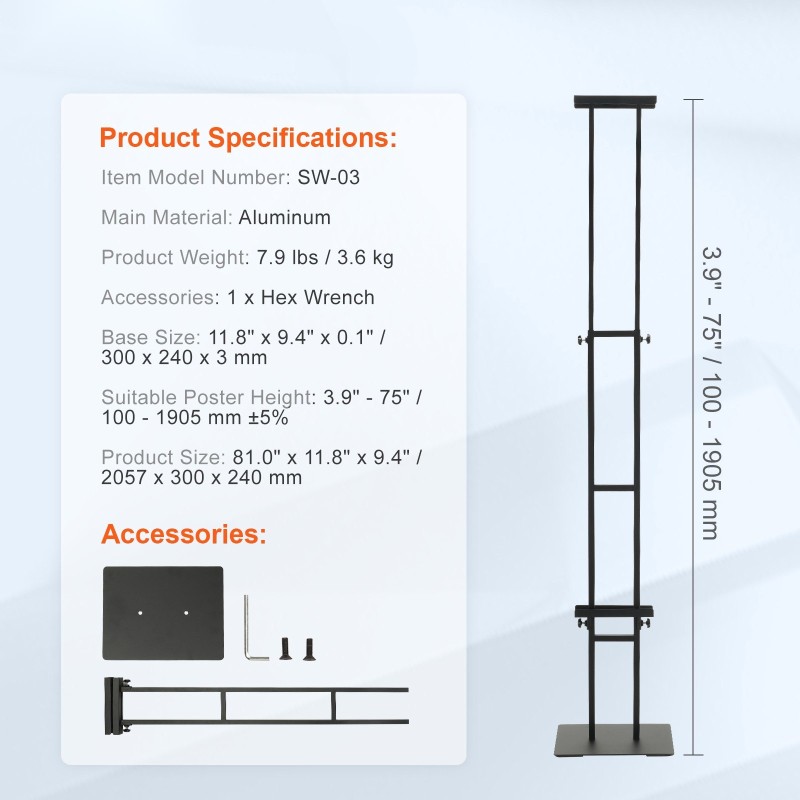 Alumiininen julisteteline lattialle kaksipuolinen kahdelle julisteelle säädettävä korkeus 100–1905 mm