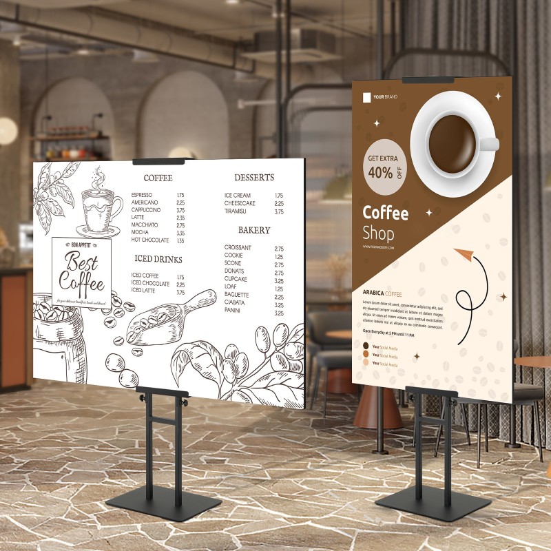 Alumiininen julisteteline lattialle kaksipuolinen kahdelle julisteelle säädettävä korkeus 100–1905 mm