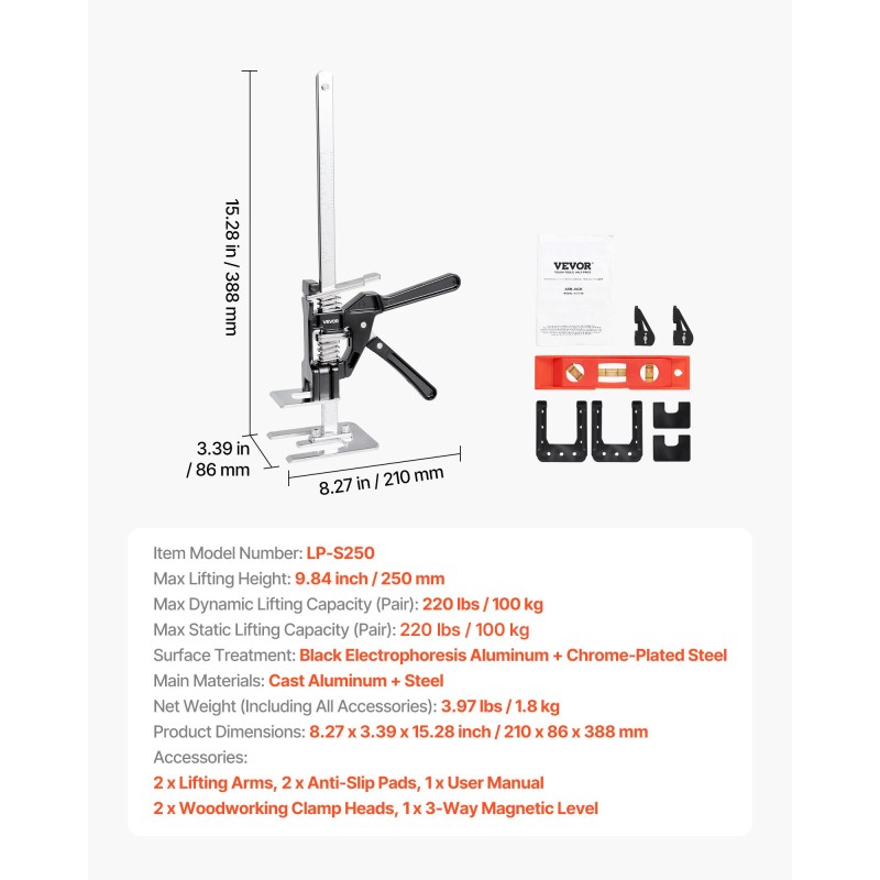 Käsinostimet 2 kpl valualumiini ja teräs 150 kg 250 mm magneettivesivaaka