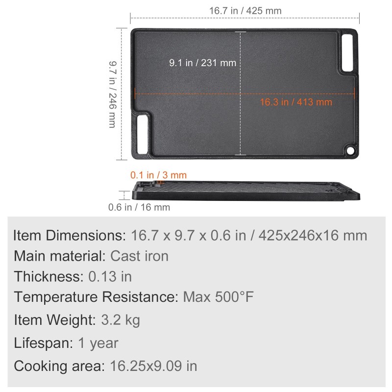 Valurautainen esimaustettu kaksipuoleinen paistolevy 425x246 mm sopii kahdelle polttimelle