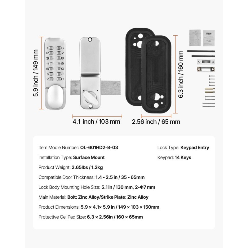 Mekaaninen näppäinlukko 14 näppäintä sinkkiseos pintakiinnitys 35–65 mm ulkokäyttöön