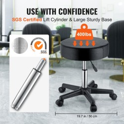 Pyörällinen jakkara PU-pintainen 400mm istuin säädettävä korkeus 460–605mm 181kg kantokyky musta