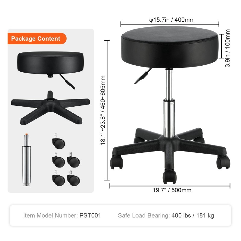 Pyörällinen jakkara PU-pintainen 400mm istuin säädettävä korkeus 460–605mm 181kg kantokyky musta
