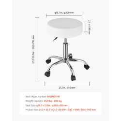 Pyörillä varustettu korkeussäädettävä jakkara keinonahkainen metallijalusta valkoinen