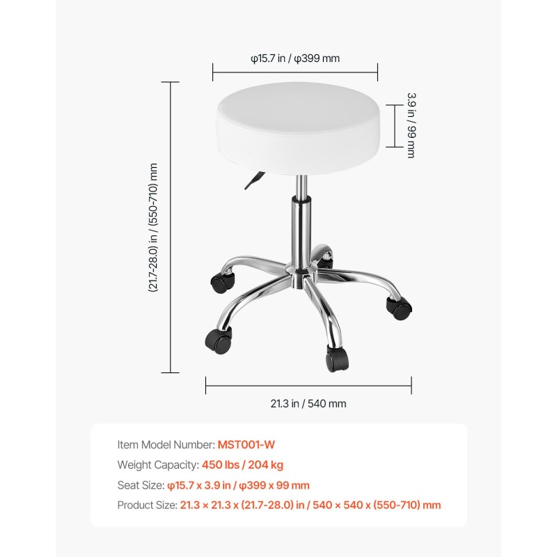 Pyörillä varustettu korkeussäädettävä jakkara keinonahkainen metallijalusta valkoinen