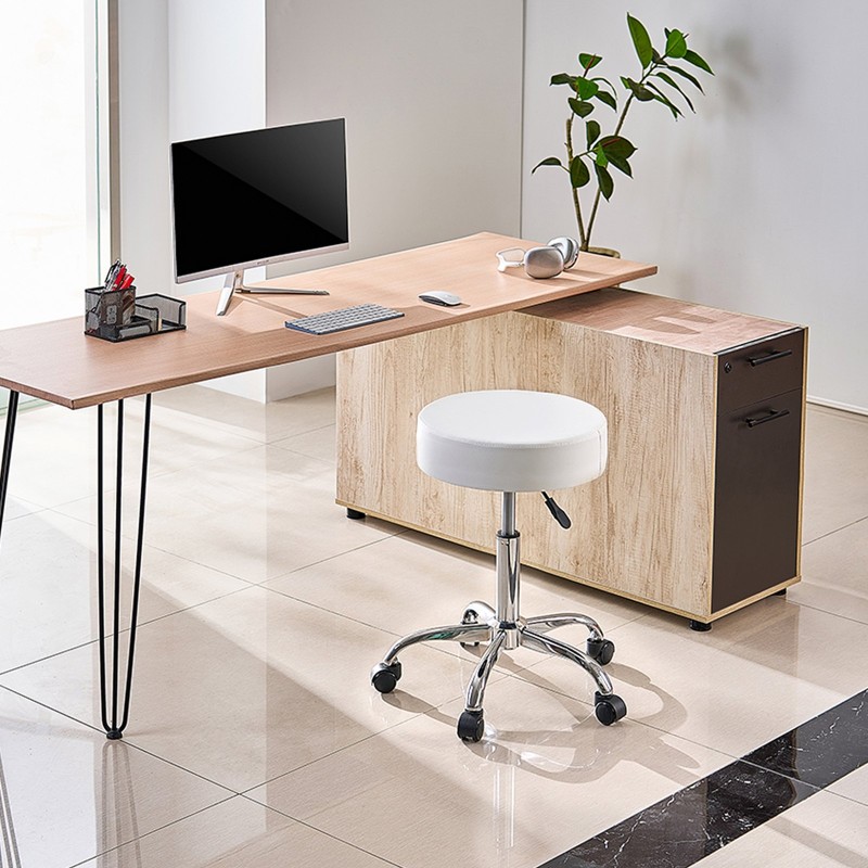 Pyörillä varustettu korkeussäädettävä jakkara keinonahkainen metallijalusta valkoinen