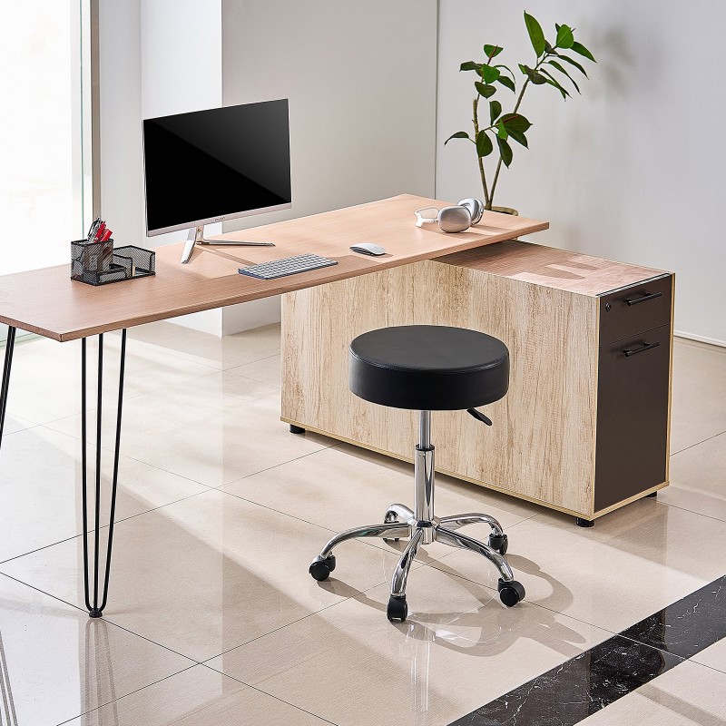 Pyörivä rullajakkara PU-nahkainen paksusti pehmustettu korkeussäädettävä 55-71 cm musta