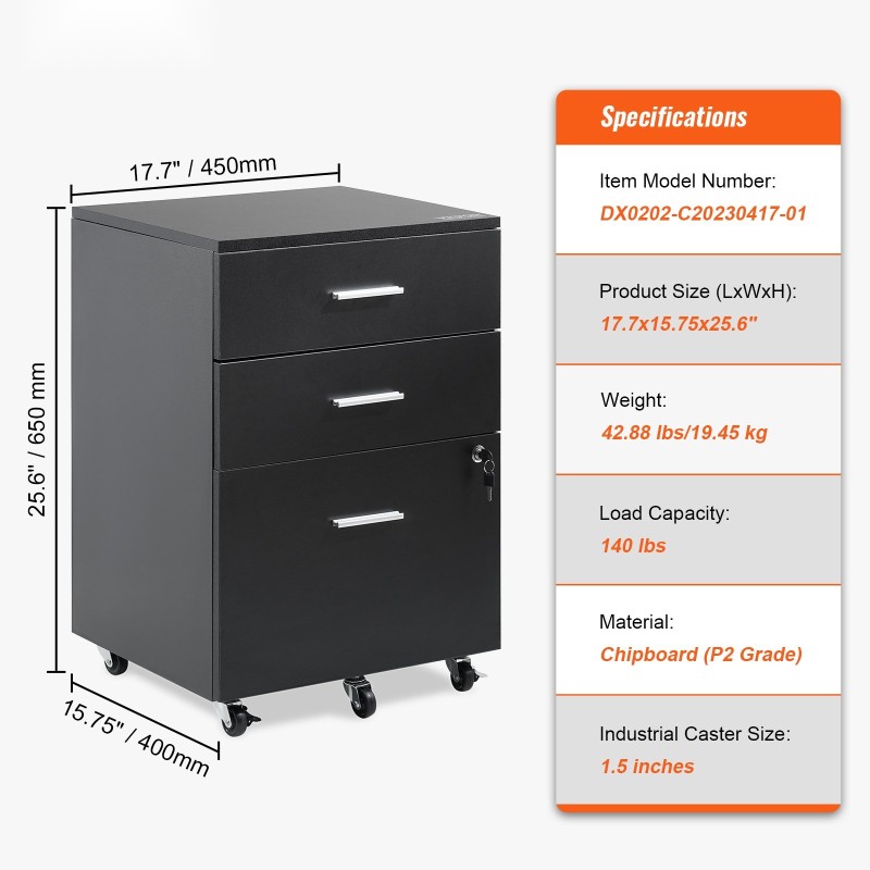 Puinen 3-laatikollinen arkistokaappi A4-asiakirjoille lukittava viidellä pyörällä