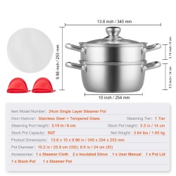 Höyrykattilasetti 304 ruostumatonta terästä 24 cm 4,7 l keittokattila karkaistu lasikansi