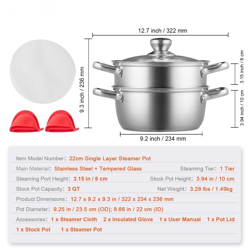 Höyrykattilasetti ruostumatonta terästä 22 cm 2,8 l pinottava karkaistu lasikansi