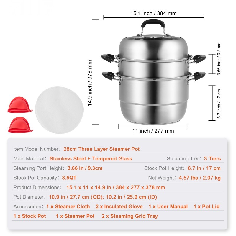 11-tuumainen 3-kerroksinen höyrytyspata 304-ruostumatonta terästä sisältää keittopadan ja kaksi höyrytysritilää