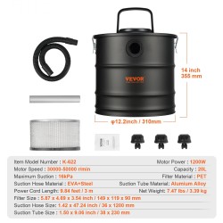 Tuhkaimuri sähkökäyttöinen 1200 W 20 l HEPA-suodatin 1,2 m metalliletku tulisijoille