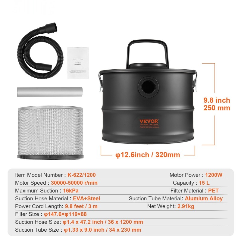 Tuhkimuri 15 litran 1200 watin HEPA-suodatin lämmönkestävä metalliletku alumiininen imuputki