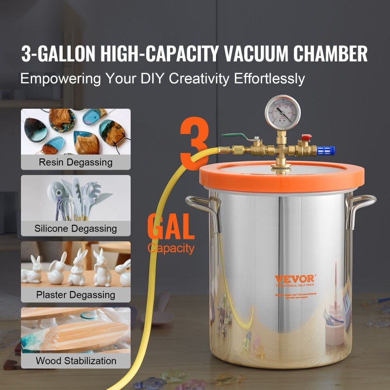 Tyhjiökammio 11,4 l 304 ruostumatonta terästä karkaistu lasikansi kumitiiviste silikoniset tiivistyskorkit kaasunpoistoon