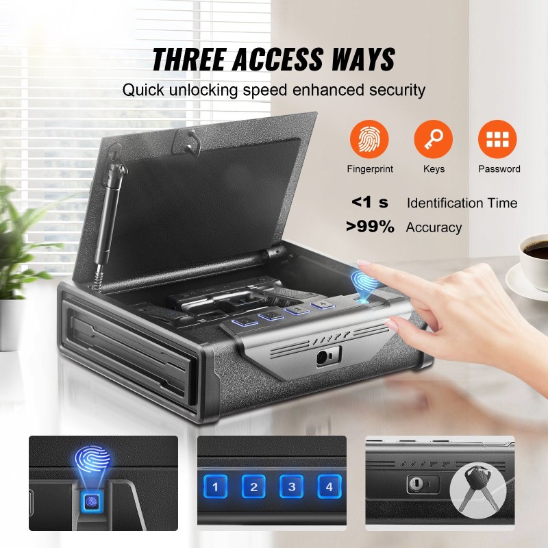 Pistoolikaappi kylmävalssatusta teräksestä tilaa 2 pistoolille sormenjälkilukolla näppäinkoodilla ja avaimella