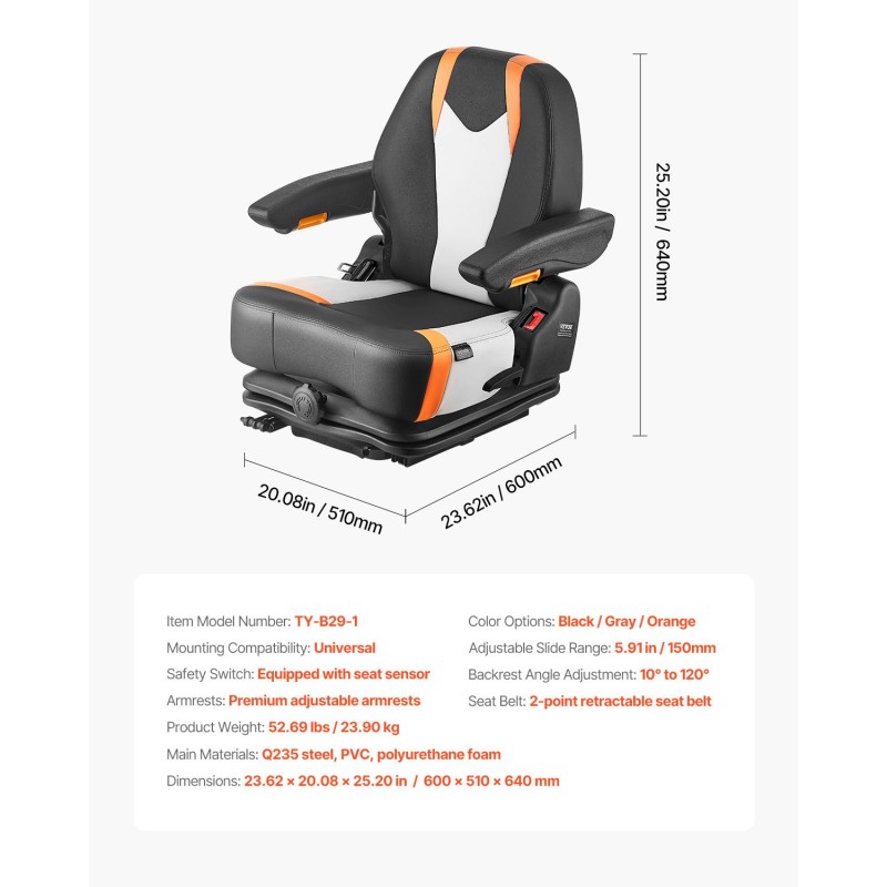 Trukin istuin Q235 teräsrunko PVC päällinen säädettävällä jousituksella ja turvavyöllä