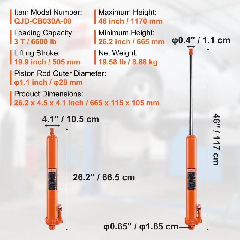 Hydraulinen pitkä sylinteritunkki 3 t 45-teräsrakenne 665–1170 mm nostokorkeus haarukkajalka