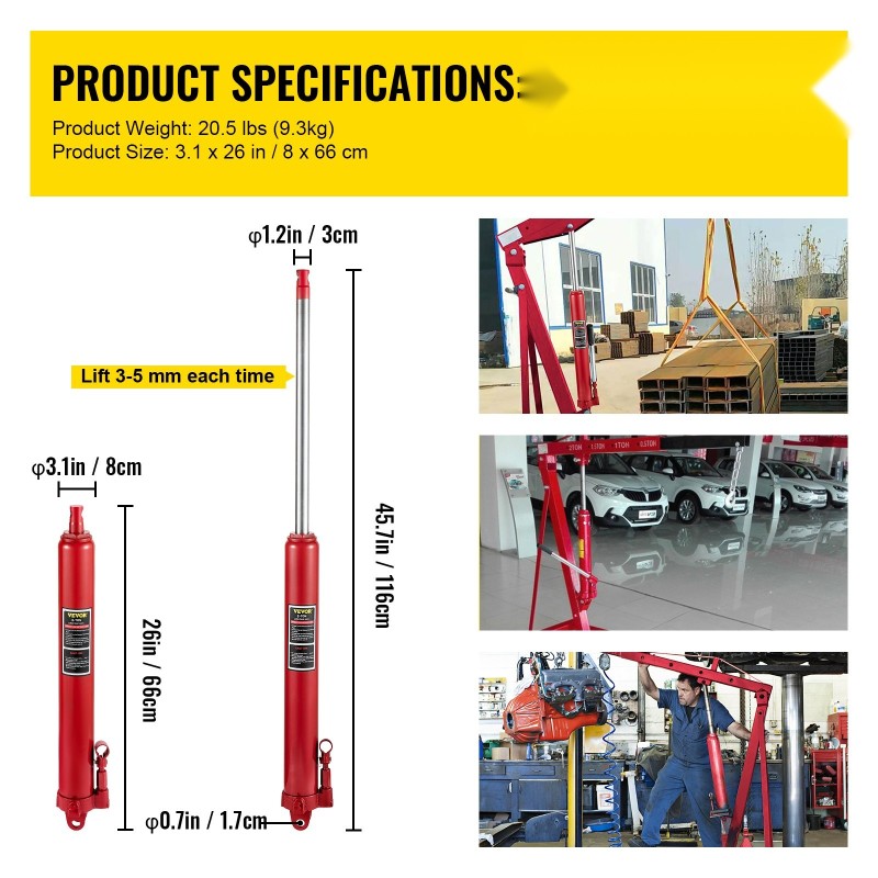 Hydraulinen pitkämäntäinen terästunkki 8 tonnia 66–116 cm nostoalue yksimäntäinen pumppu