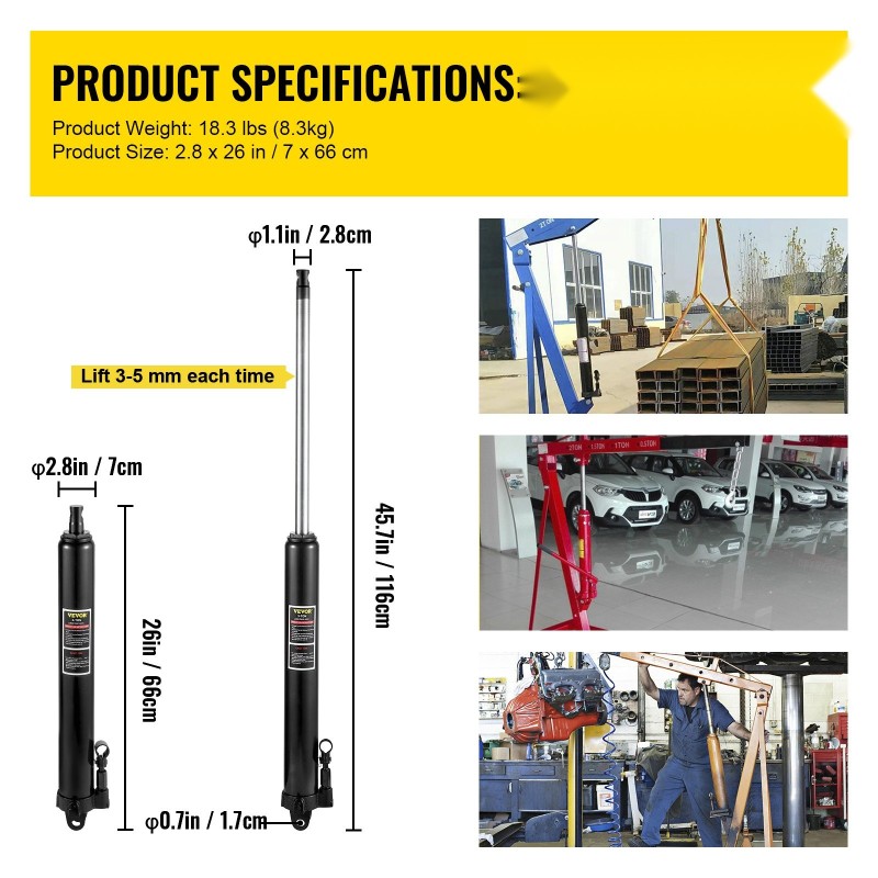 Hydraulinen pitkämäntäinen teräsrunkoinen tunkki 3 tonnin nostokyky 66-116 cm yksimäntäisellä pumpulla niveljalalla