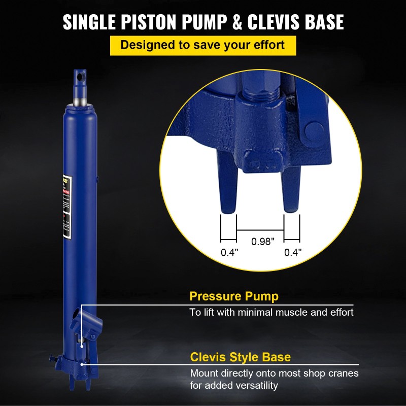 Hydraulinen pitkämäntäinen tunkki 8 tonnin nostokyky teräsrakenne yksimäntäinen pumppu 66–116 cm nostokorkeus