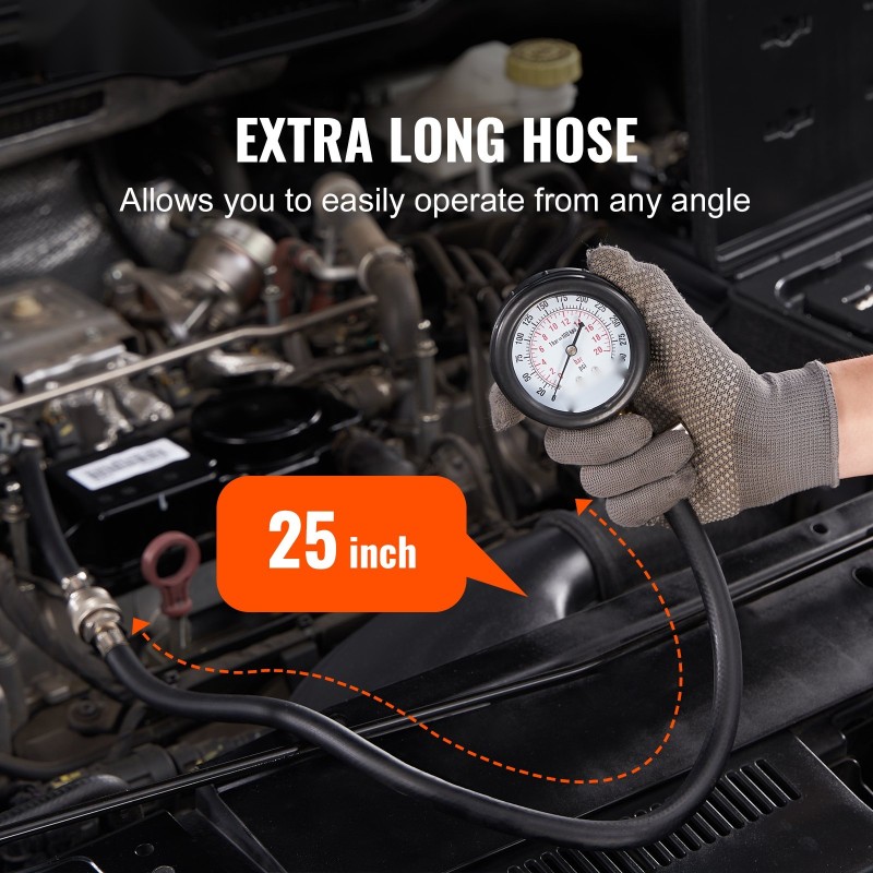 Puristuspaineen testaussetti bensiinimoottoreille kaksiasteikkoinen painemittari 0–300 psi 5 adapteria 25 tuuman letku