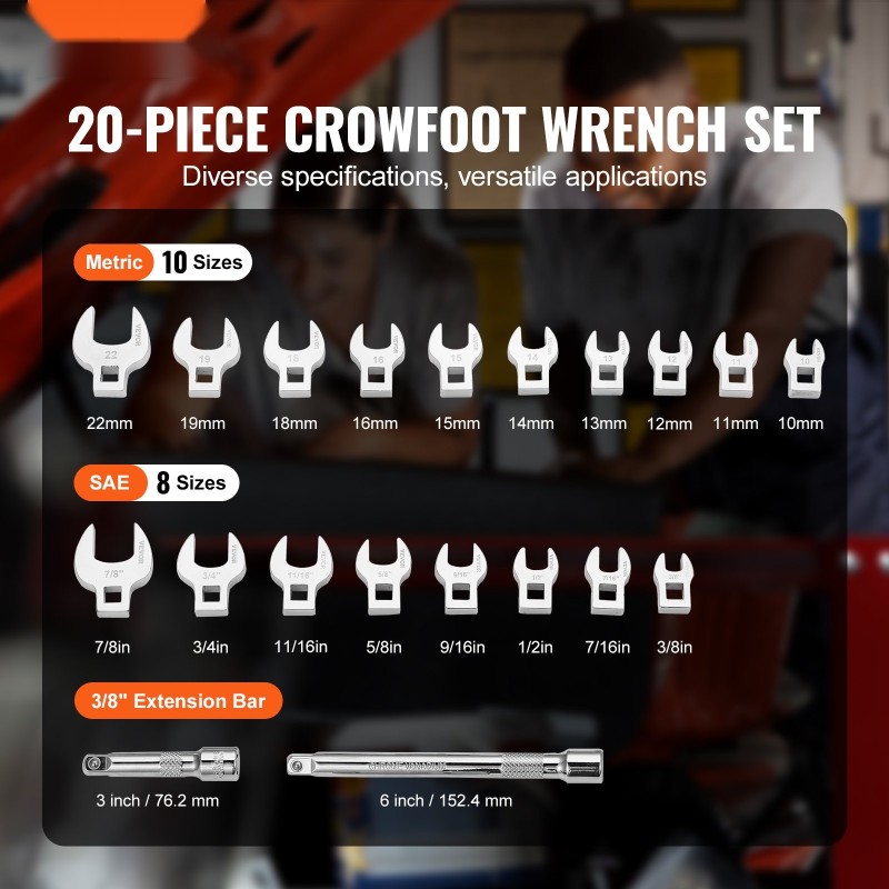 Lukkopääavainsarja 3/8 vetokanta 20-osainen lujateräs metriset 10–22 mm tuumakoot 3/8–7/8 EVA-alusta