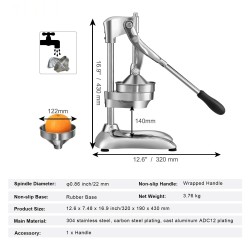 Manuaalinen sitruspuristin ruostumaton teräs liukumaton kumipohja astianpesukoneessa pestävät osat