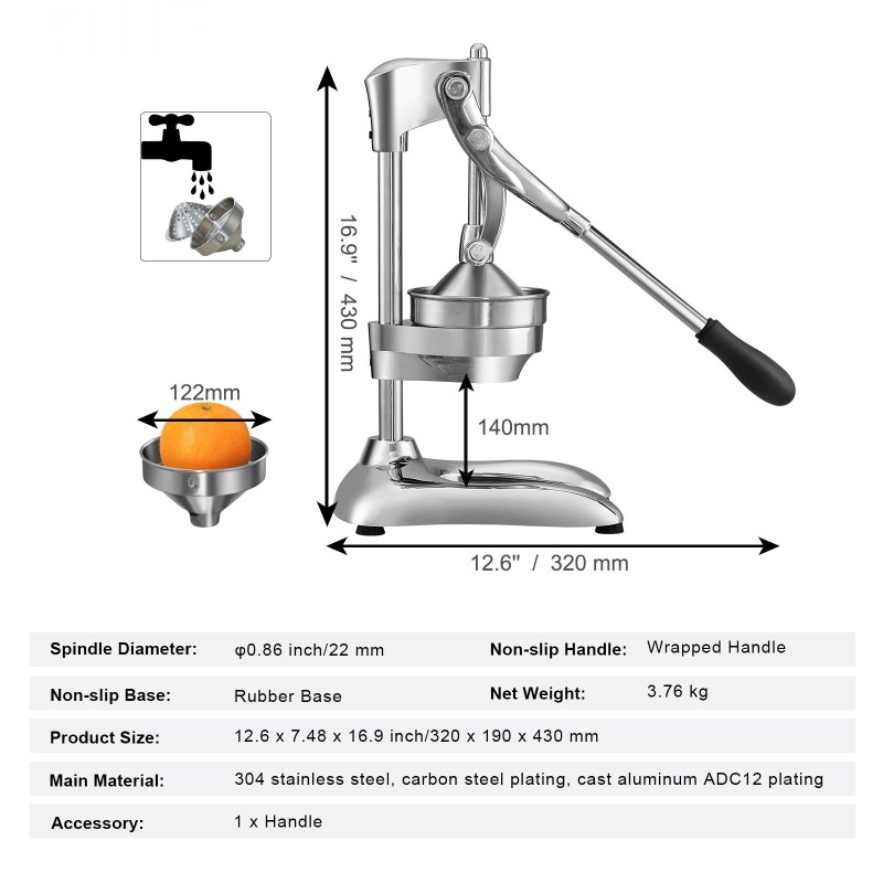 Manuaalinen sitruspuristin ruostumaton teräs liukumaton kumipohja astianpesukoneessa pestävät osat