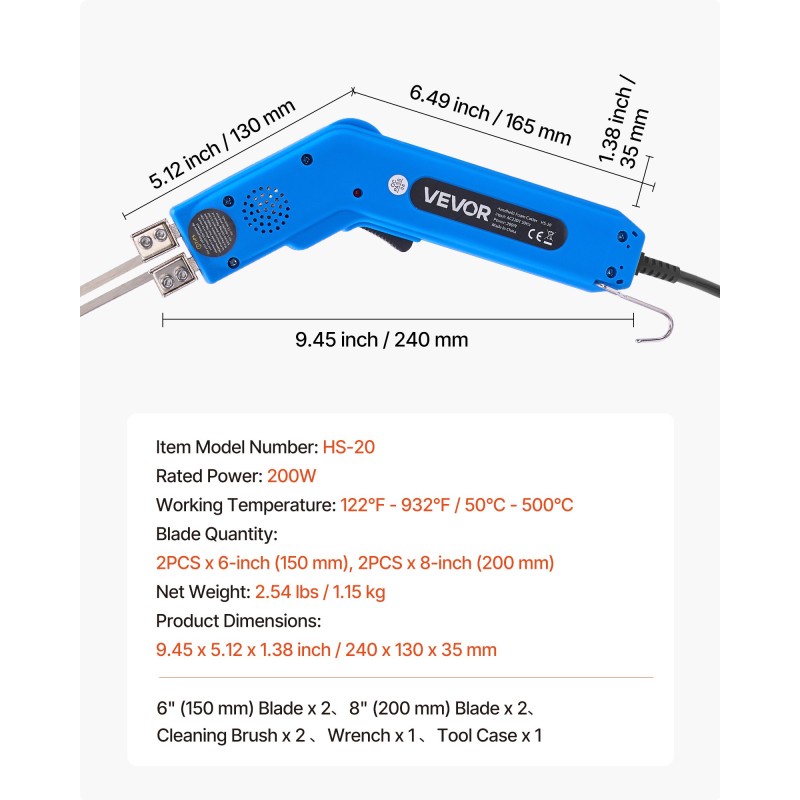 Kuumaveitsi vaahtoleikkuri säädettävä lämpötila 50–500 °C 150 ja 200 mm terät