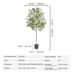 Tekooliivipuu 1,5 m PE-materiaali ruukulla kaatumissuoja aidon näköinen