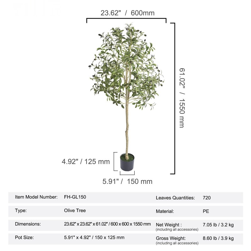 Tekooliivipuu 1,5 m PE-materiaali ruukulla kaatumissuoja aidon näköinen