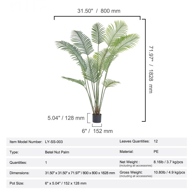 Tekopalmupuu PE-materiaali noin 1,8 m korkea sisä- ja ulkokäyttöön vakaa kaatumissuoja