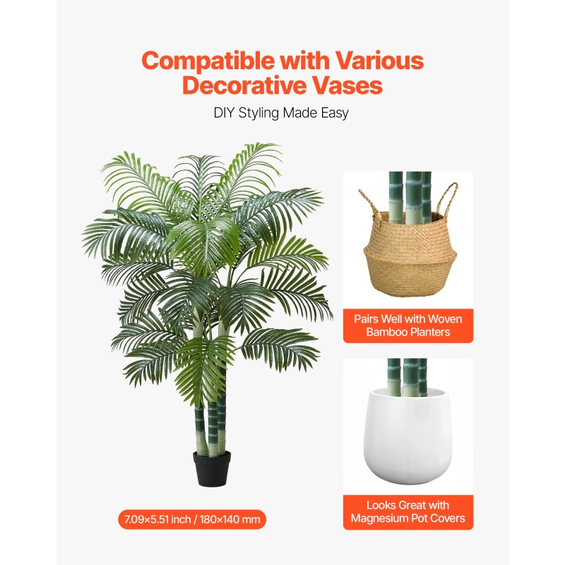 Keinotekoinen arekapalmu muovilehdillä noin 183 senttimetriä korkea valkoisessa ruukussa