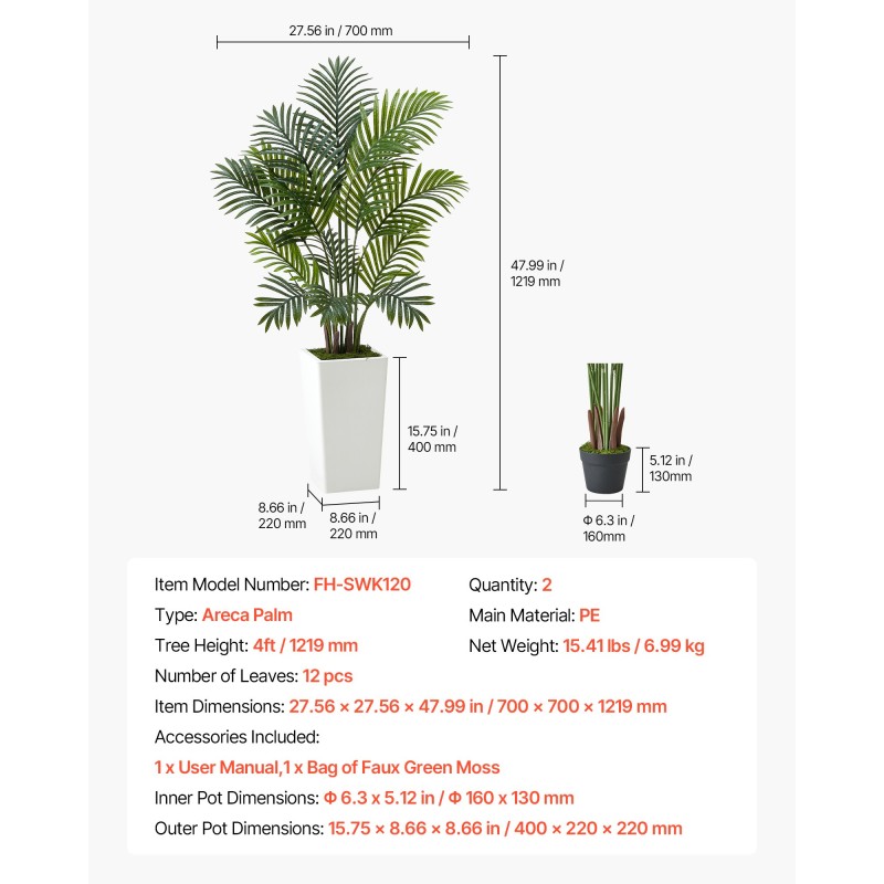 Tekokasvi arekapalmu muovilehdillä 1219 millimetriä korkea kaksi kappaletta valkoisissa ruukuissa